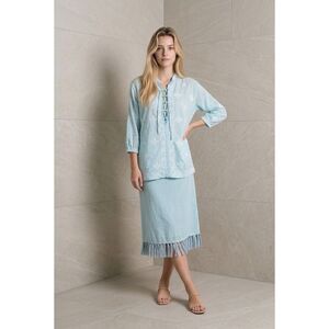 Letarte Hand Made Embroidered Cotton Tunic Aqua Blue Size S M Boho Lace-Up Blous